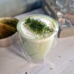 Ceremonial-grade matcha cappuccino with milk foam