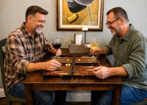 Two friends playing backgammon over drinks at Byte and Coffee