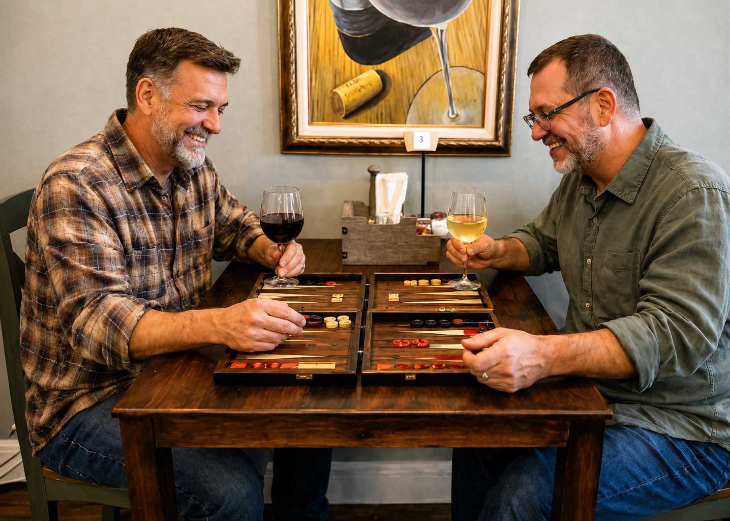 Two friends playing backgammon over drinks at a wooden table at Byte and Coffee