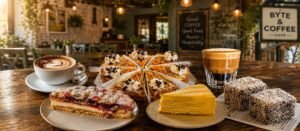 Fresh cakes, desserts, and specialty coffee at Byte & Coffee Café in Lighthouse Point, Florida.