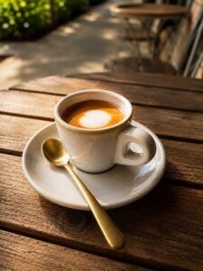 White ceramic cup of cappuccino on a saucer with a gold spoon, on a sunlit wooden outdoor table.