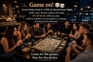 Eight friends around a lit board game at a bar, smiling and holding cards as they play; large text above promotes Game on! Board Game Night every Friday with 10% off drinks.