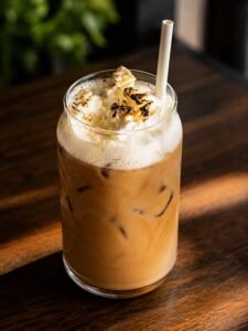 Lemon meringue latte with homemade lemon syrup and toasted meringue