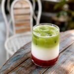 Iced matcha latte with house-made strawberry syrup