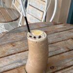 Creamy chocolate mocha protein smoothie with banana