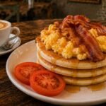 Breakfast pancake stack with scrambled eggs, bacon, fresh tomato slices, and maple syrup