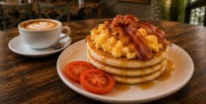 Breakfast pancake stack with scrambled eggs, bacon, fresh tomato slices, and maple syrup