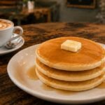 Golden classic pancakes topped with butter and maple syrup, served at Byte & Coffee café.