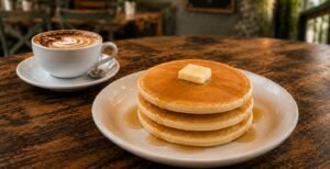 Golden classic pancakes topped with butter and maple syrup, served at Byte & Coffee café.