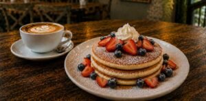 Fluffy stack of mixed berries pancakes with fresh strawberries, blueberries, powdered sugar, and maple syrup, served at Byte & Coffee.