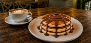 Nutella pancakes with rich chocolate spread and chocolate drizzle, served at Byte & Coffee café.